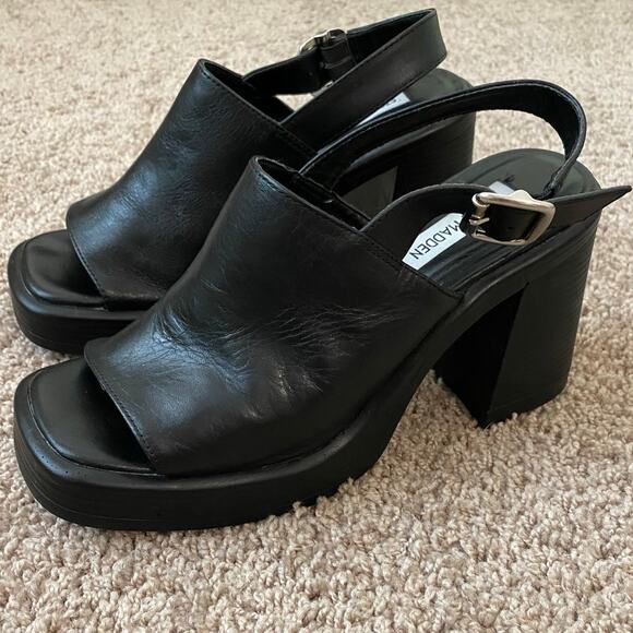 Steve Madden Leather Forza Sandal US 7 Black Block Heel Slingback Chunky Y2K - Picture 3 of 12